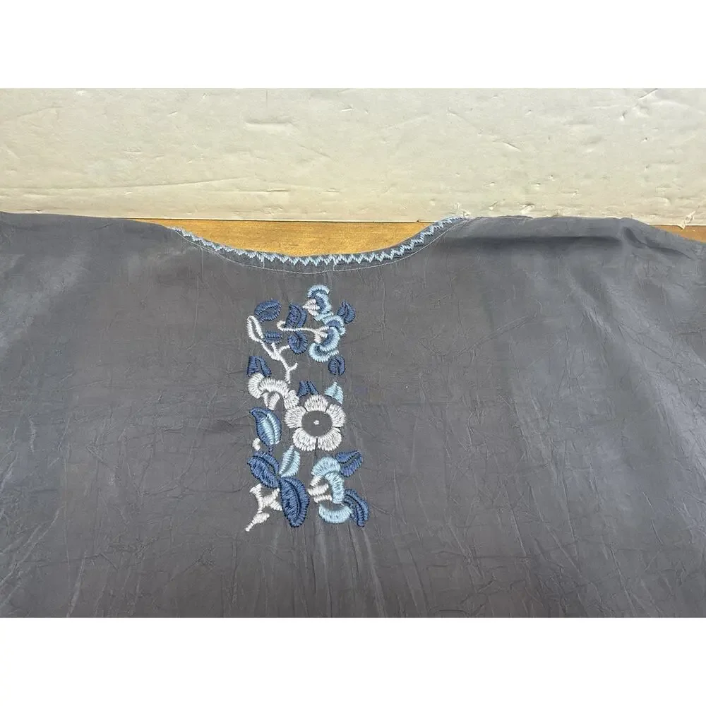 Johnny Was Gray/ Blue Embroidered Floral Open-Front Kimono Jacket 3/4 M FLAW